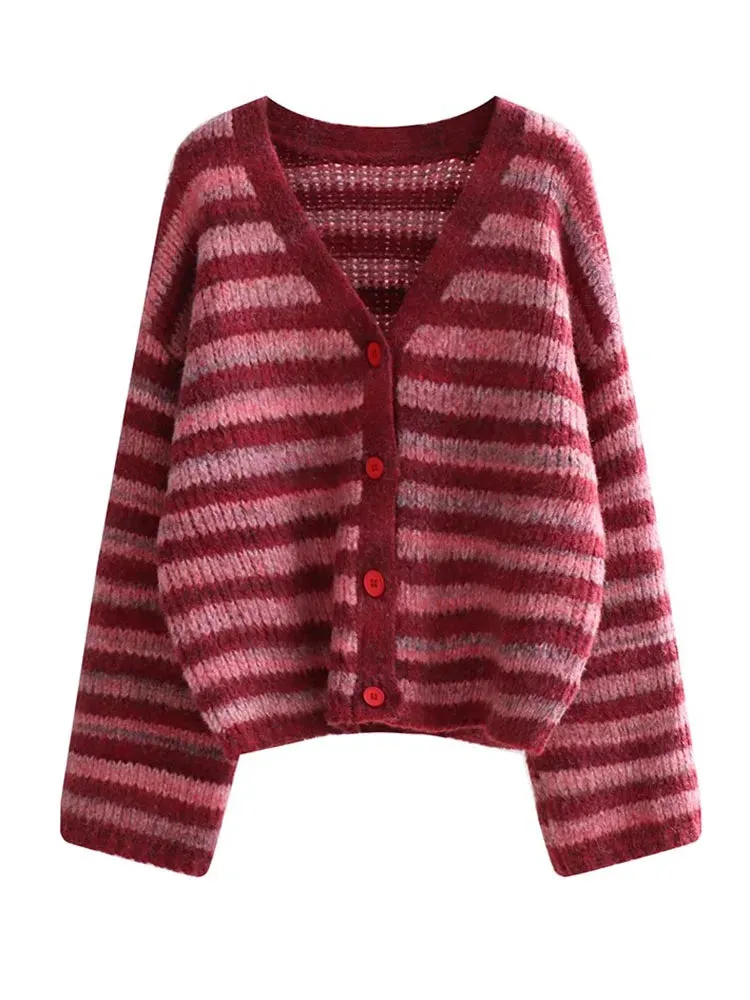 Women Thicken Warm Striped Cardigans Contrast Color V Neck Designer Cardigan Women Fall Winter Single Breasted Sweaters  C-302