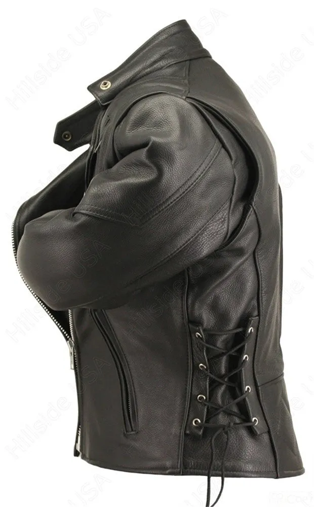 Womens Made in USA Soft Black Naked Leather Vented Motorcycle Jacket Side Laces