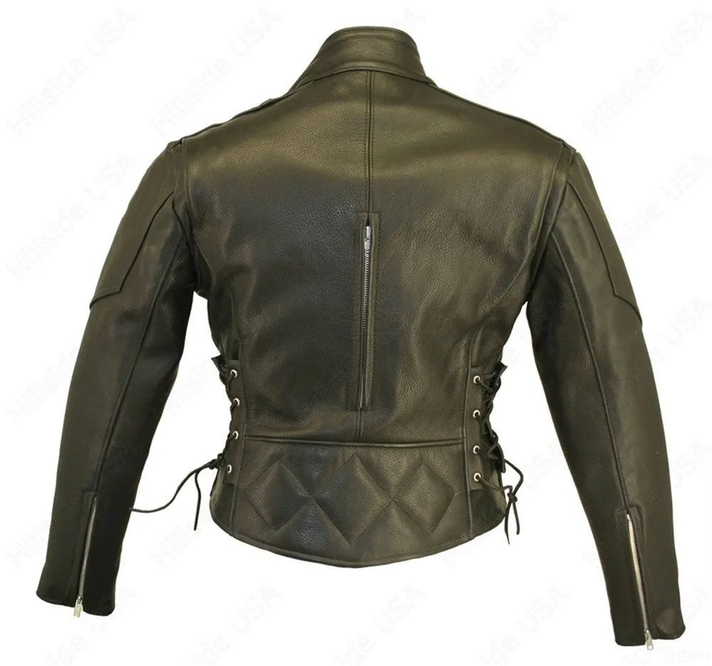 Womens Made in USA Soft Black Naked Leather Vented Motorcycle Jacket Side Laces