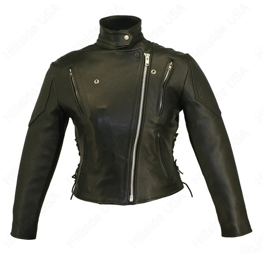 Womens Made in USA Soft Black Naked Leather Vented Motorcycle Jacket Side Laces