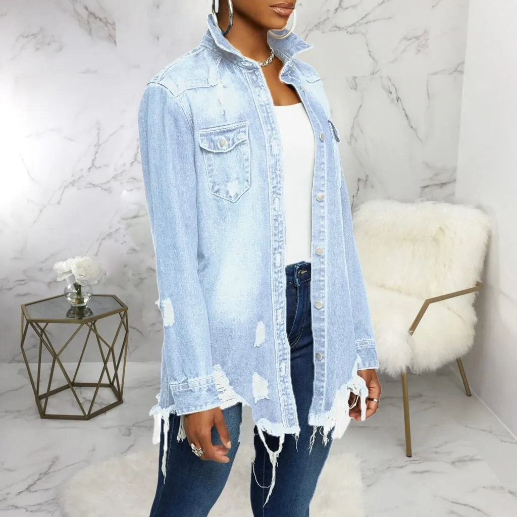 women's new stylish fashion acid-wash fray denim jacket