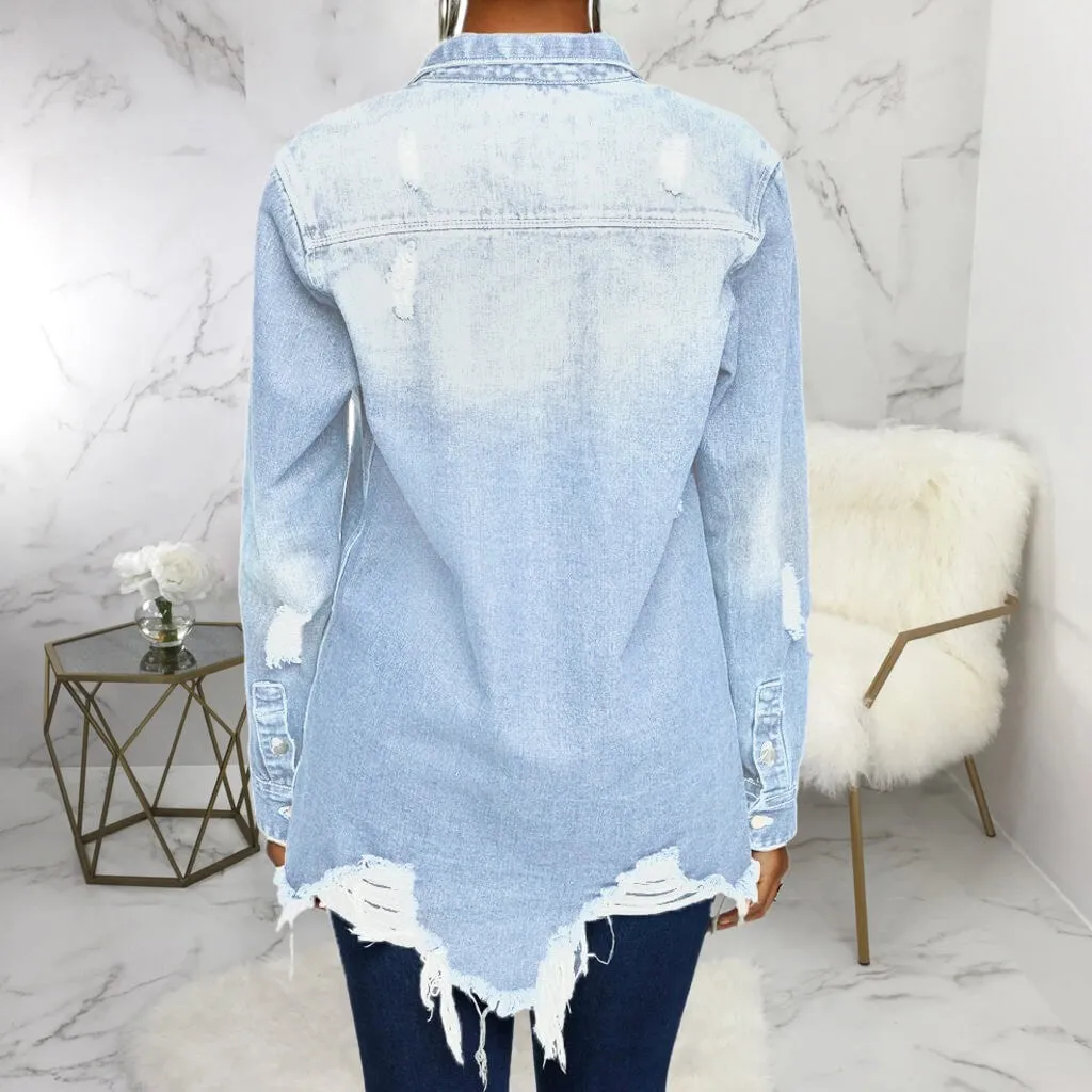 women's new stylish fashion acid-wash fray denim jacket