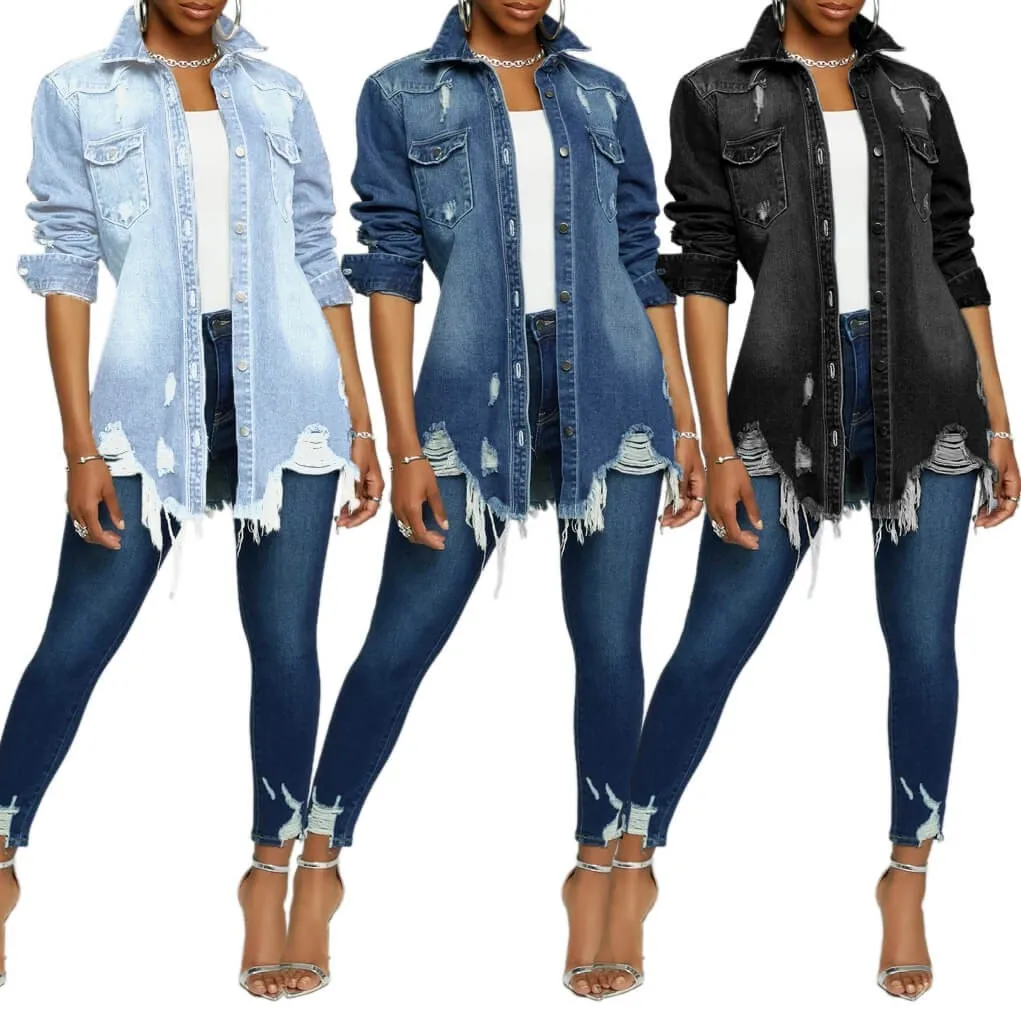 women's new stylish fashion acid-wash fray denim jacket