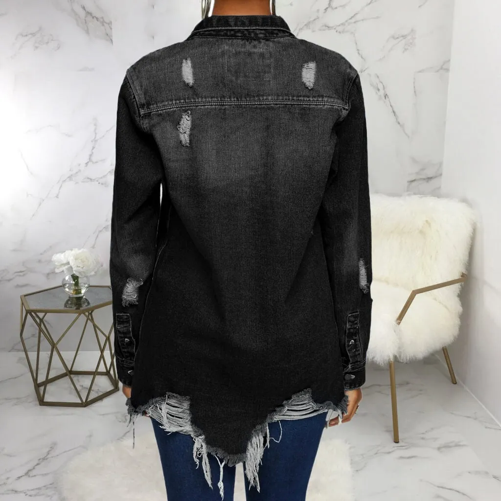 women's new stylish fashion acid-wash fray denim jacket